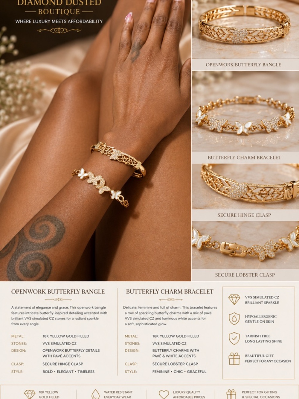 Gold Butterfly Charm Bangle Bracelet Set